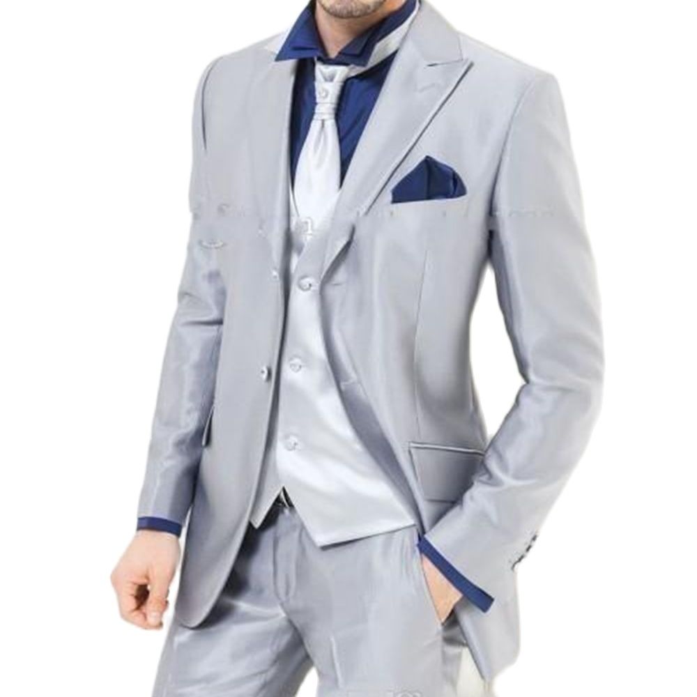 Custom Made Silver Shiny Satin - Men Formal Wear For Dinner 评论和价格
