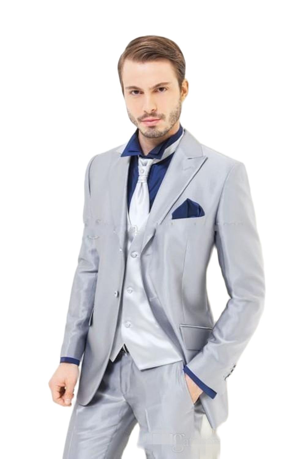 Custom Made Silver Shiny Satin - Men Formal Wear For Dinner 评论和价格