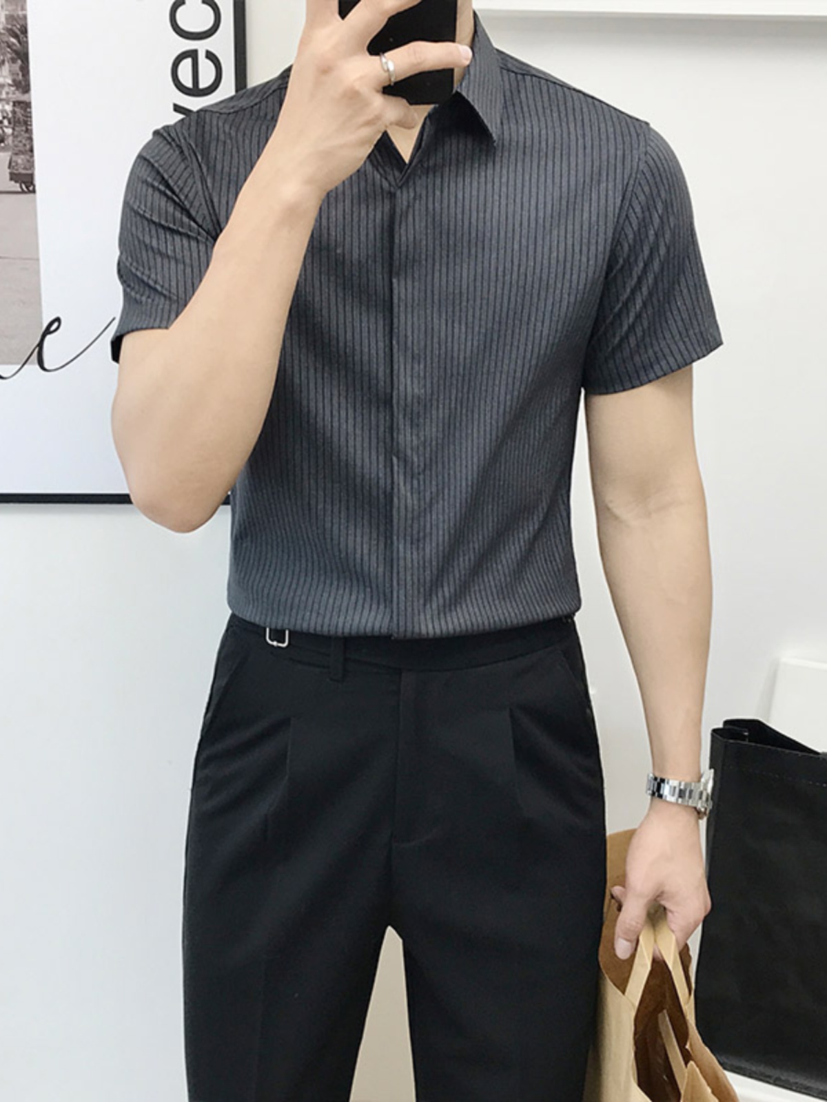 Slim Fit Striped Short Sleeve  - Men'S Urban Formal Wear 评论和价格