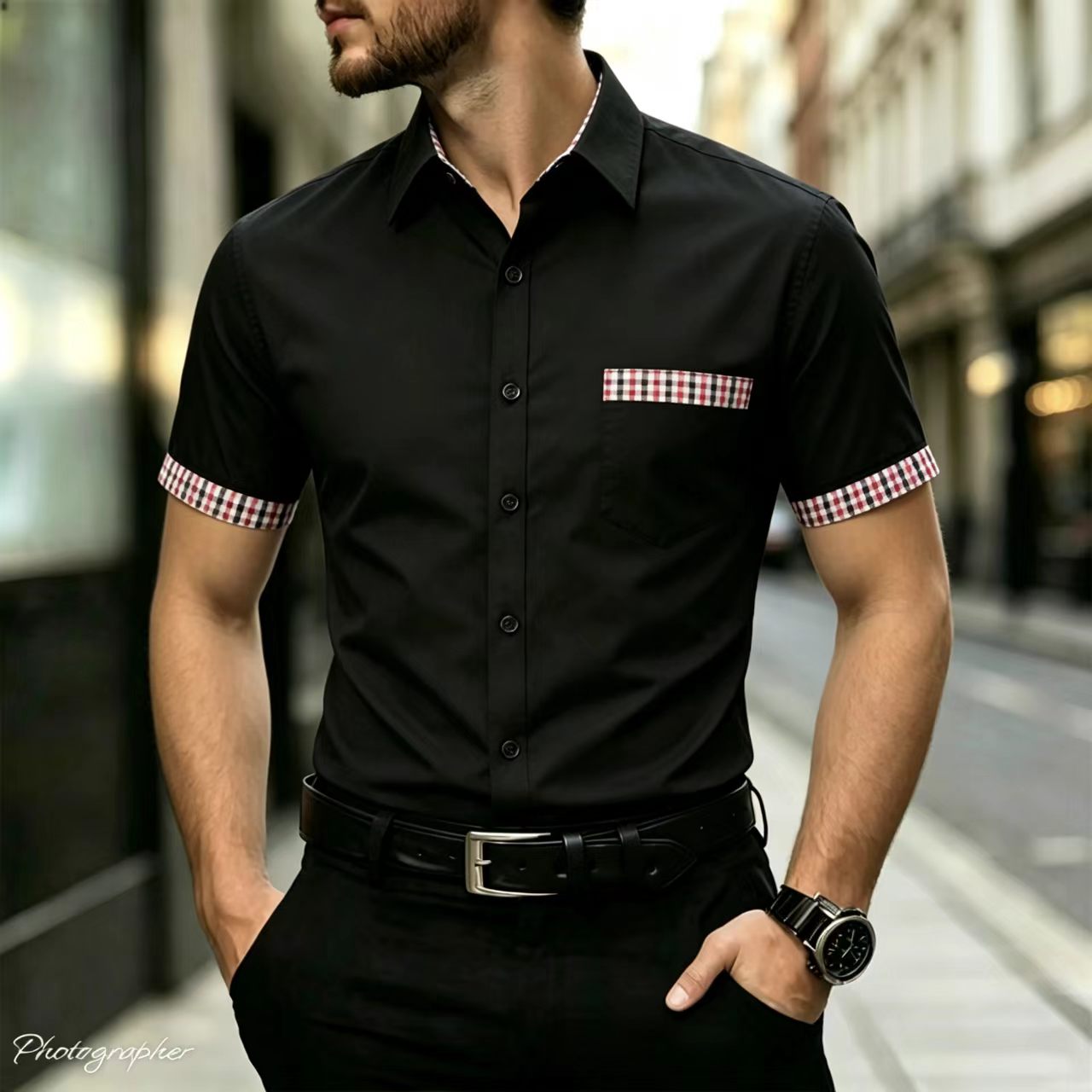 Men's short sleeved shirt with - Men Formal Office Wear Shirts 评论和价格