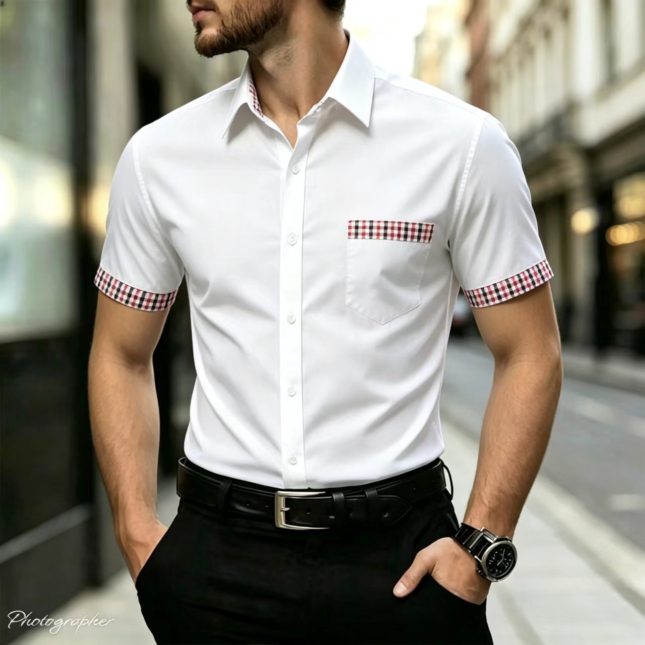 Men's short sleeved shirt with - Men Formal Office Wear Shirts 评论和价格