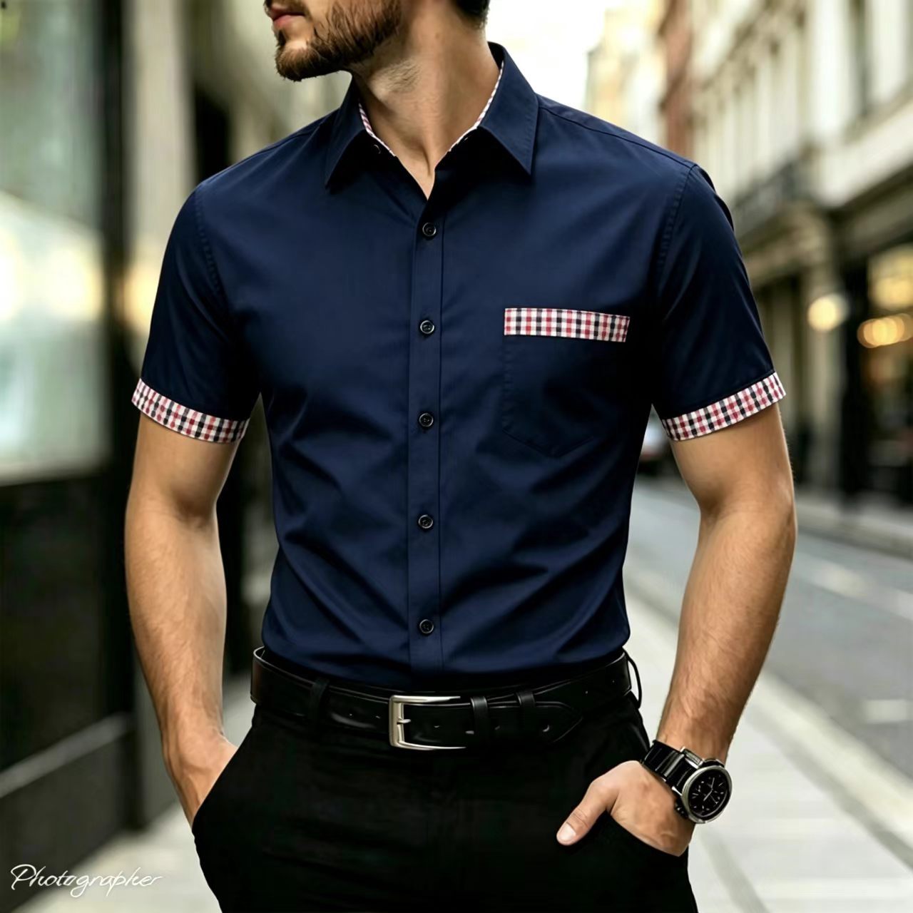 Men's short sleeved shirt with - Men Formal Office Wear Shirts 评论和价格
