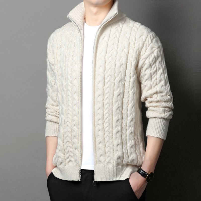 Men Stand Collar Cable Knit Fu - Men Formal Wear Coat 评论和价格