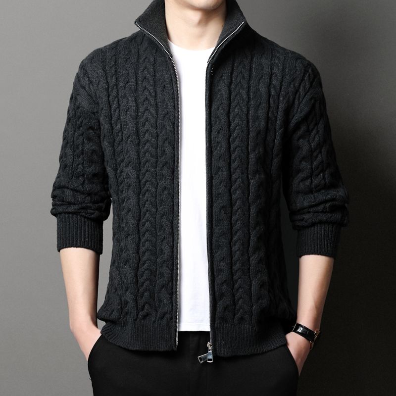 Men Stand Collar Cable Knit Fu - Men Formal Wear Coat 评论和价格