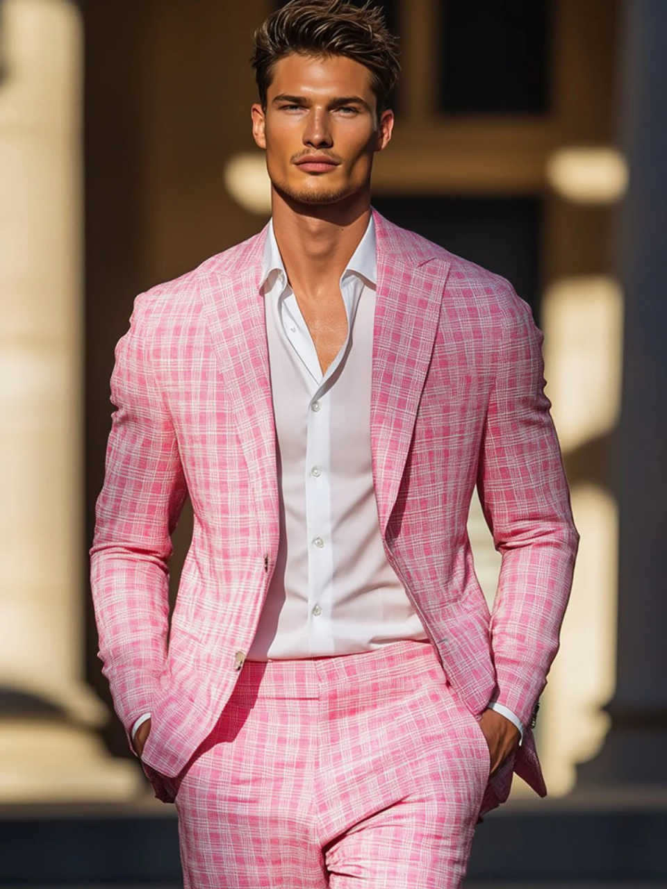 Summer Pink Plaid Mens Tuxedos - Men Formal Wear Pink 评论和价格