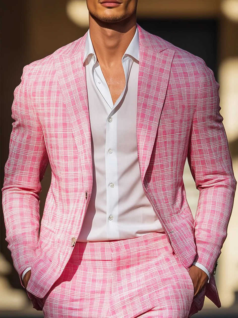 Summer Pink Plaid Mens Tuxedos - Men Formal Wear Pink 评论和价格
