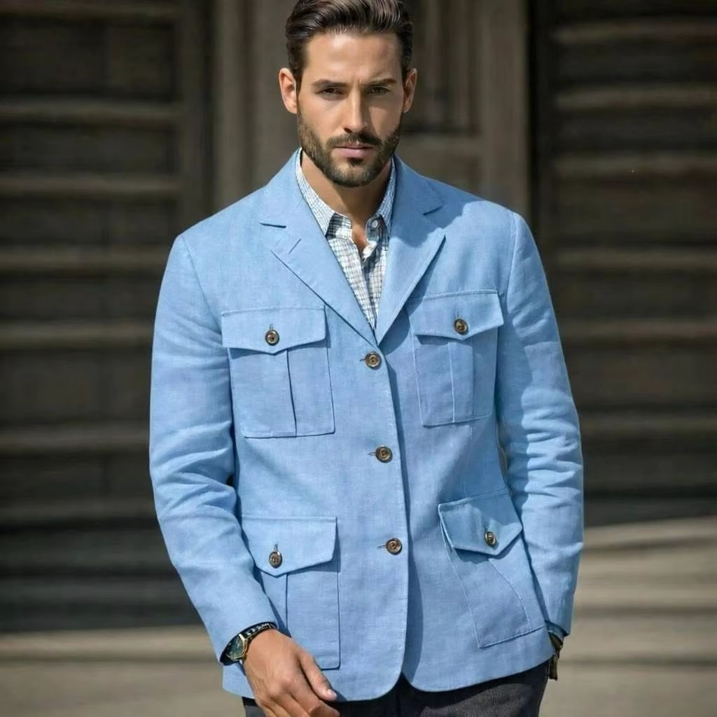 Blue Linen Safari Blazer Men's - Men'S Formal Resort Wear 评论和价格