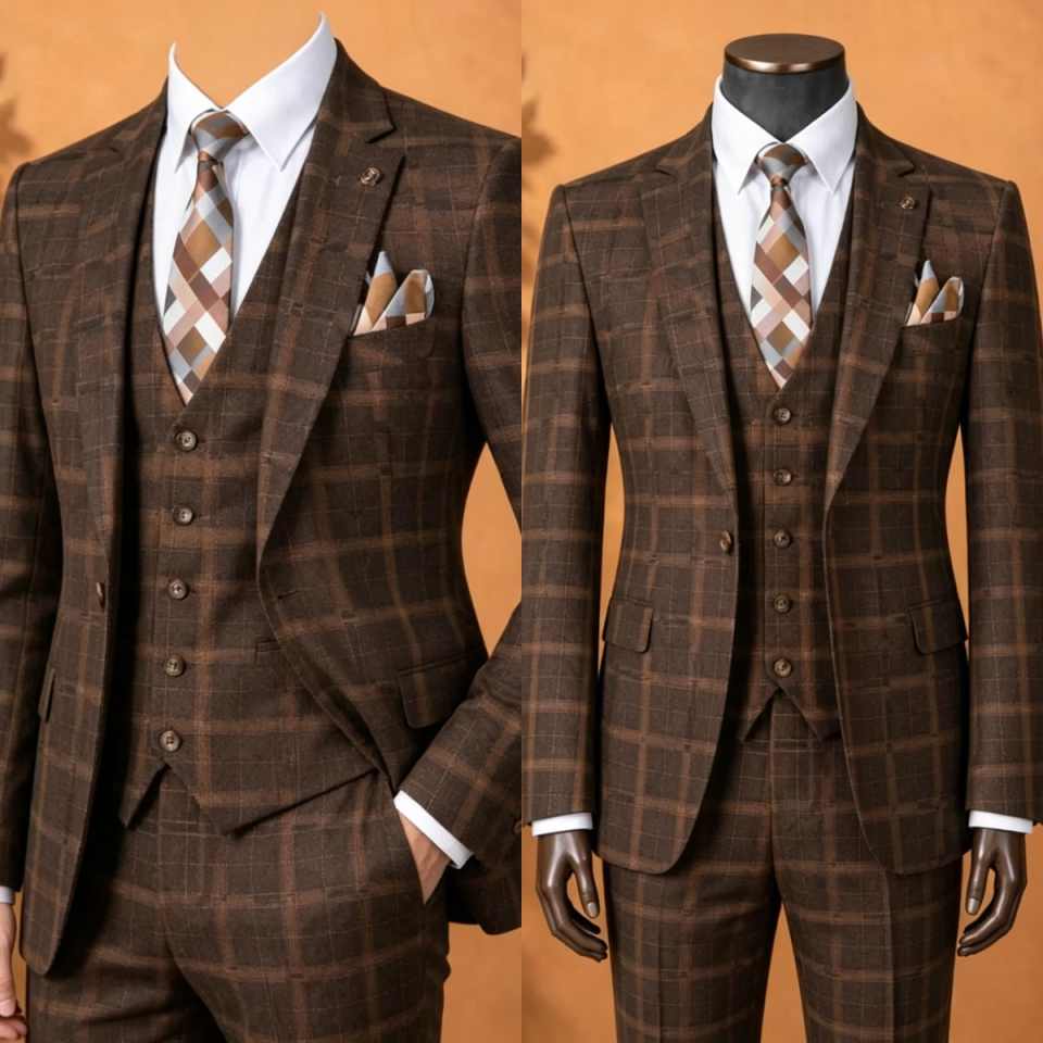 Elegant Brown Plaid Men 3 Piec - Men'S Formal Wear No Suit 评论和价格