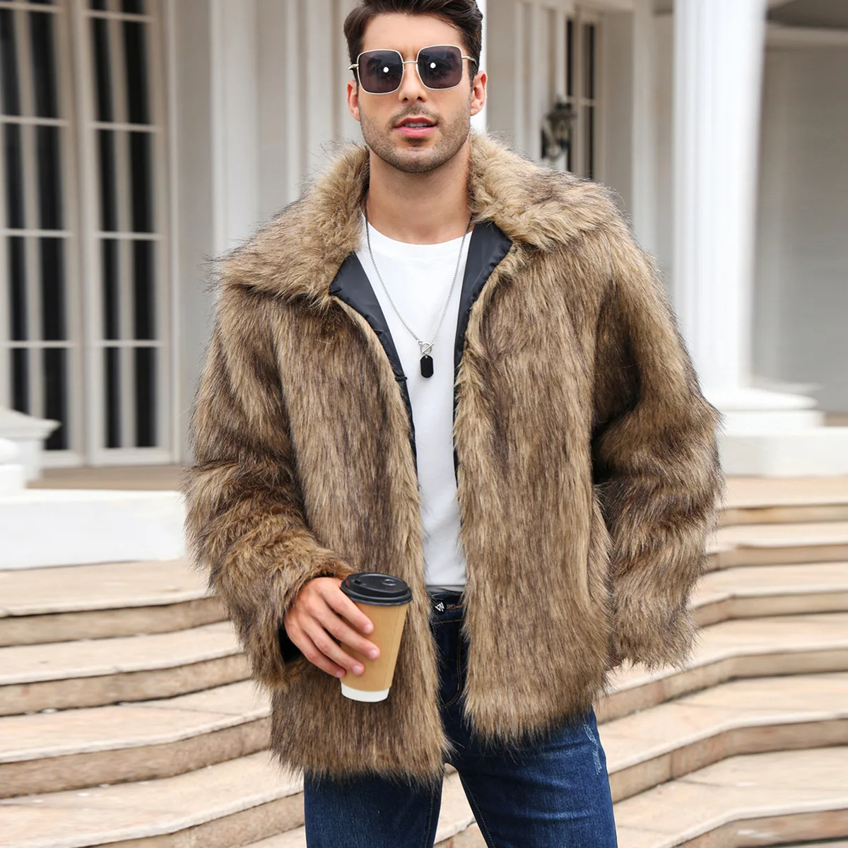 Men Faux Fox Fur Jacket Coat W - Men Formal Wear Coat 评论和价格