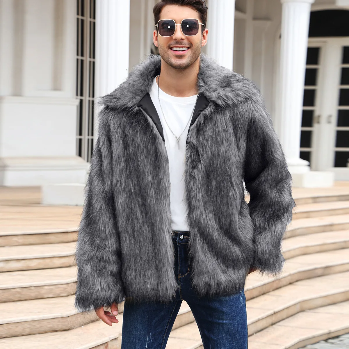 Men Faux Fox Fur Jacket Coat W - Men Formal Wear Coat 评论和价格