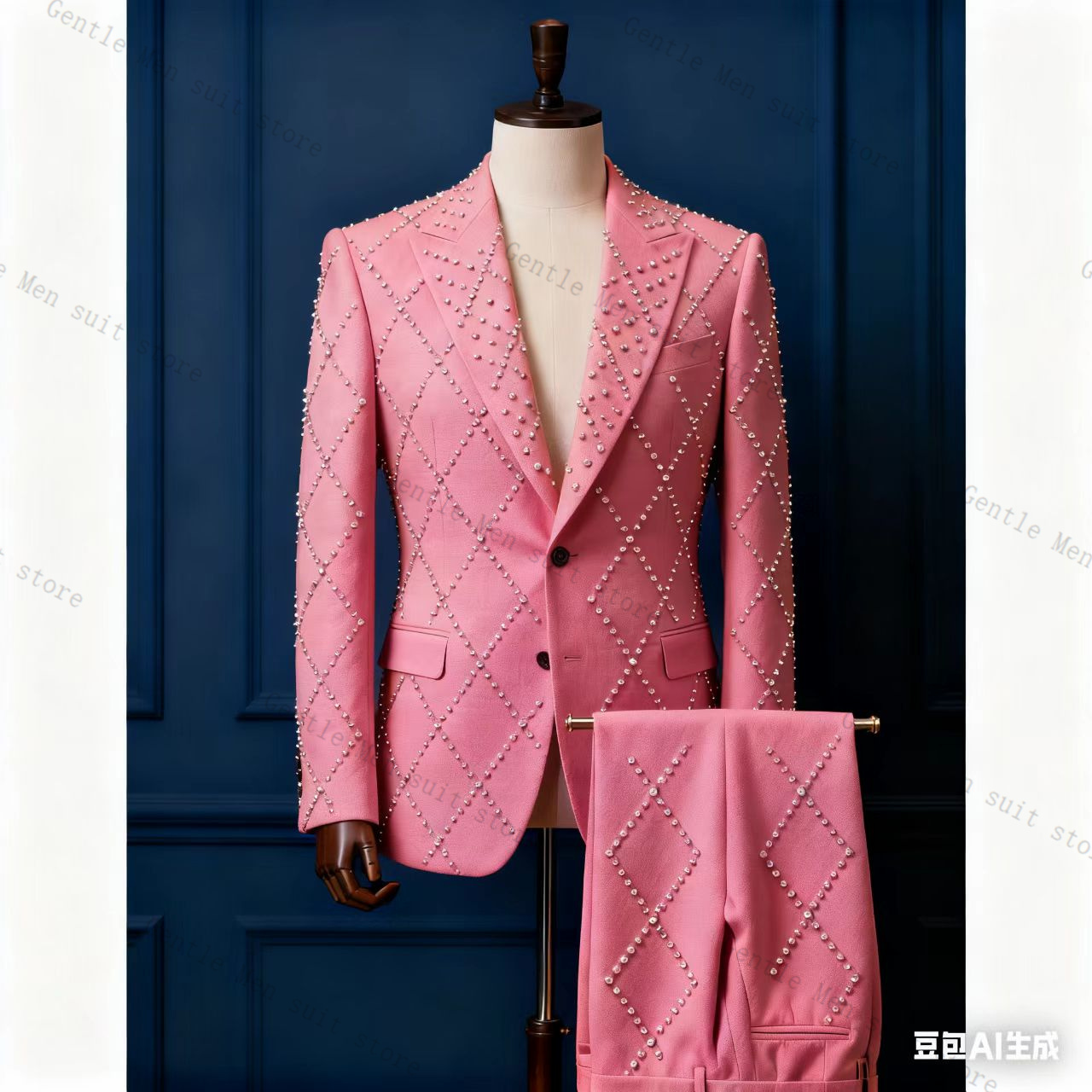 Pink Men Suit Set 2 Piece Ston - Men Formal Wear Pink 评论和价格